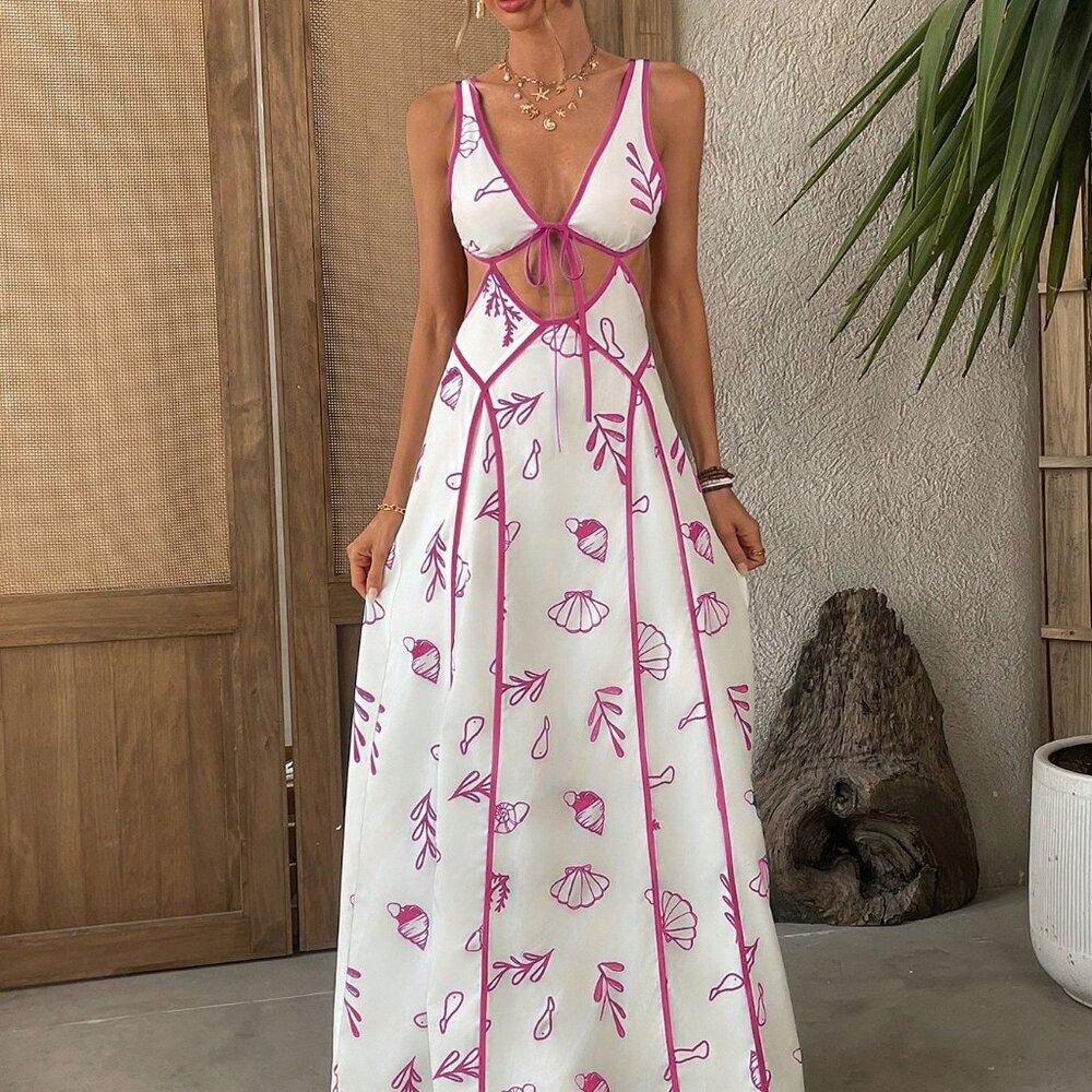 Hot Pink Boho Women's Casual Beach Wedding Party Color Edge Print Dress - Picture 3 of 6